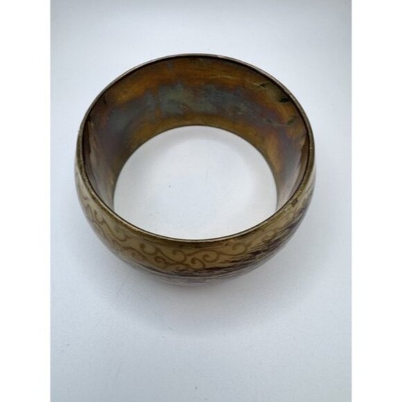 8” Hand Painted Silver on Ivory Brass Chunky Bangle Bracelet Peacock Feather - Picture 9 of 12